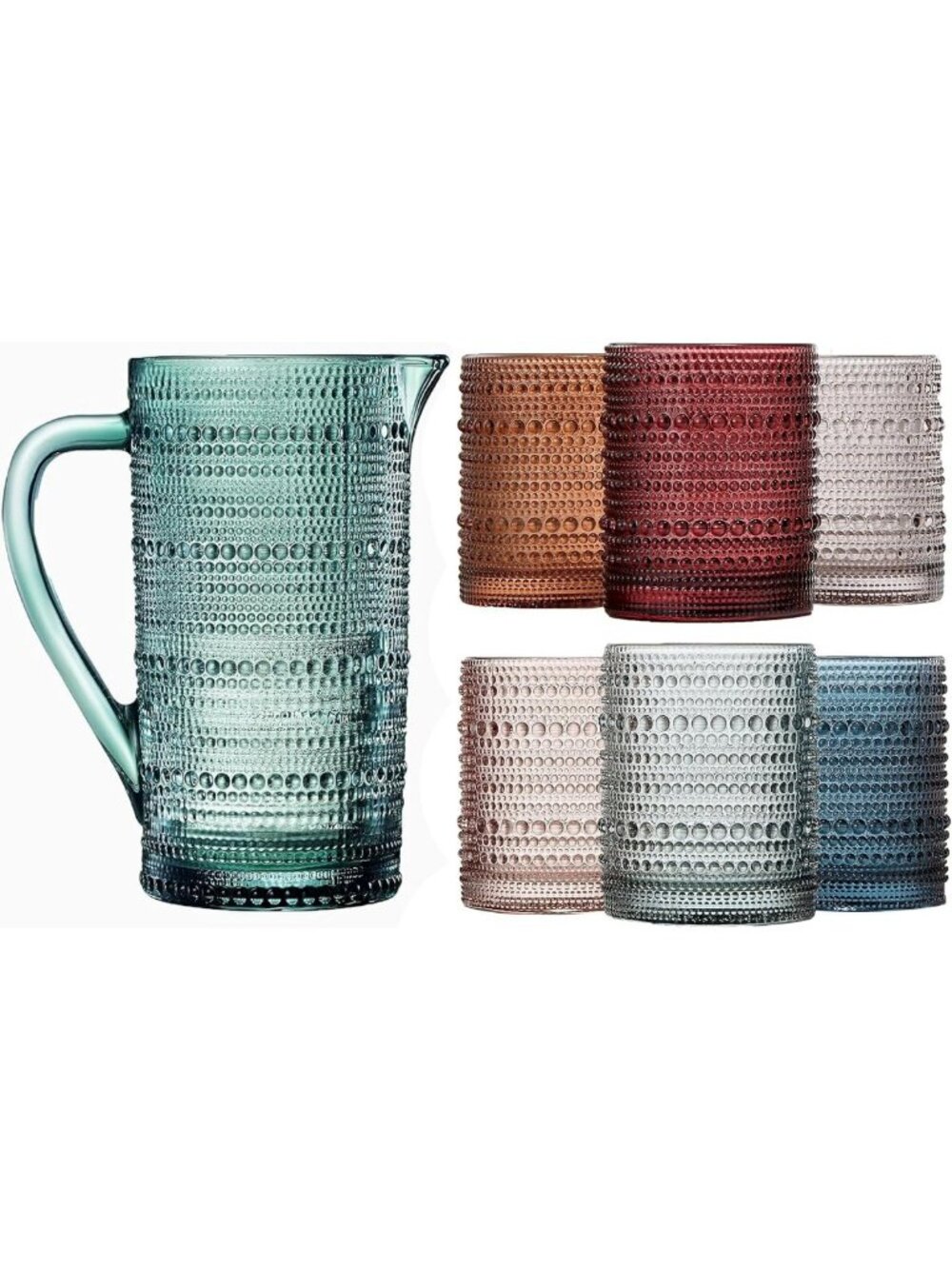 Vintage Hobnail Beaded Glass Pitcher & Tumbler Set | 6-Piece Lowball & Carafe